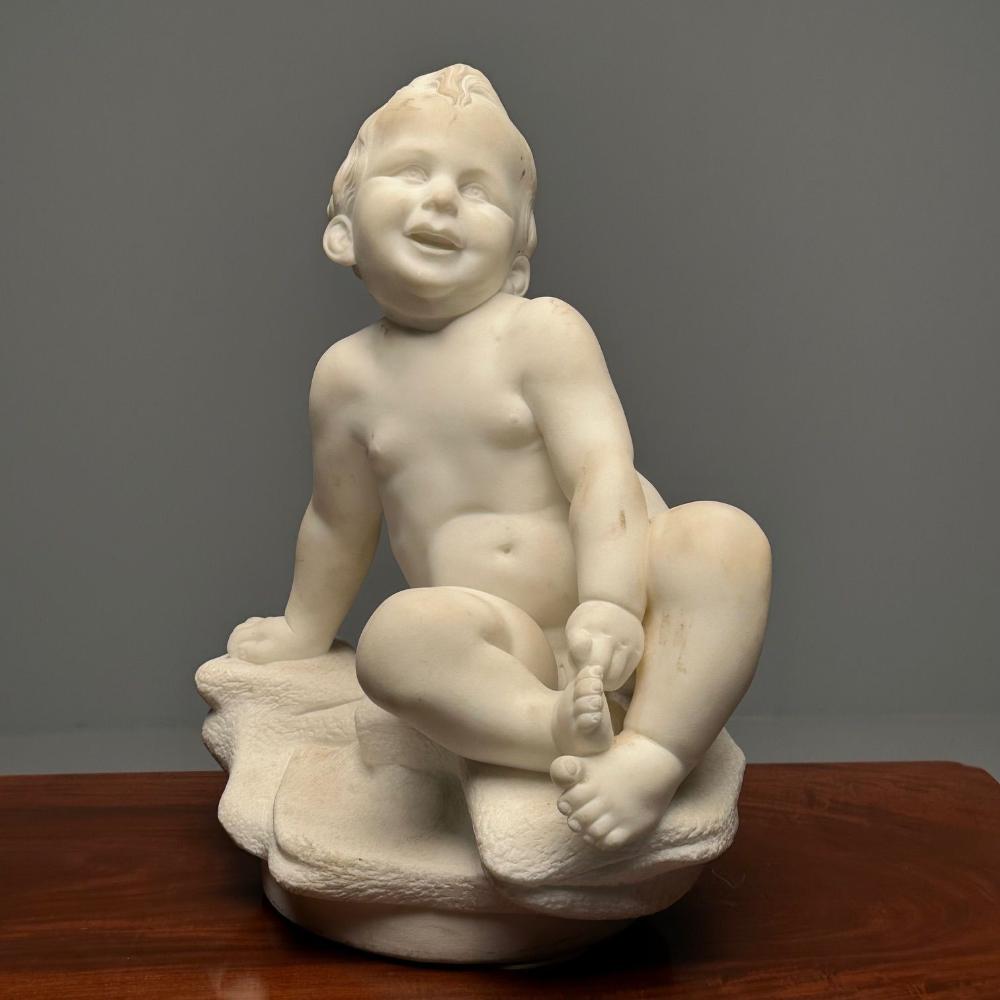Carved Marble Figure of Seated Nude Child, 19th/Early 20th Century, Statue