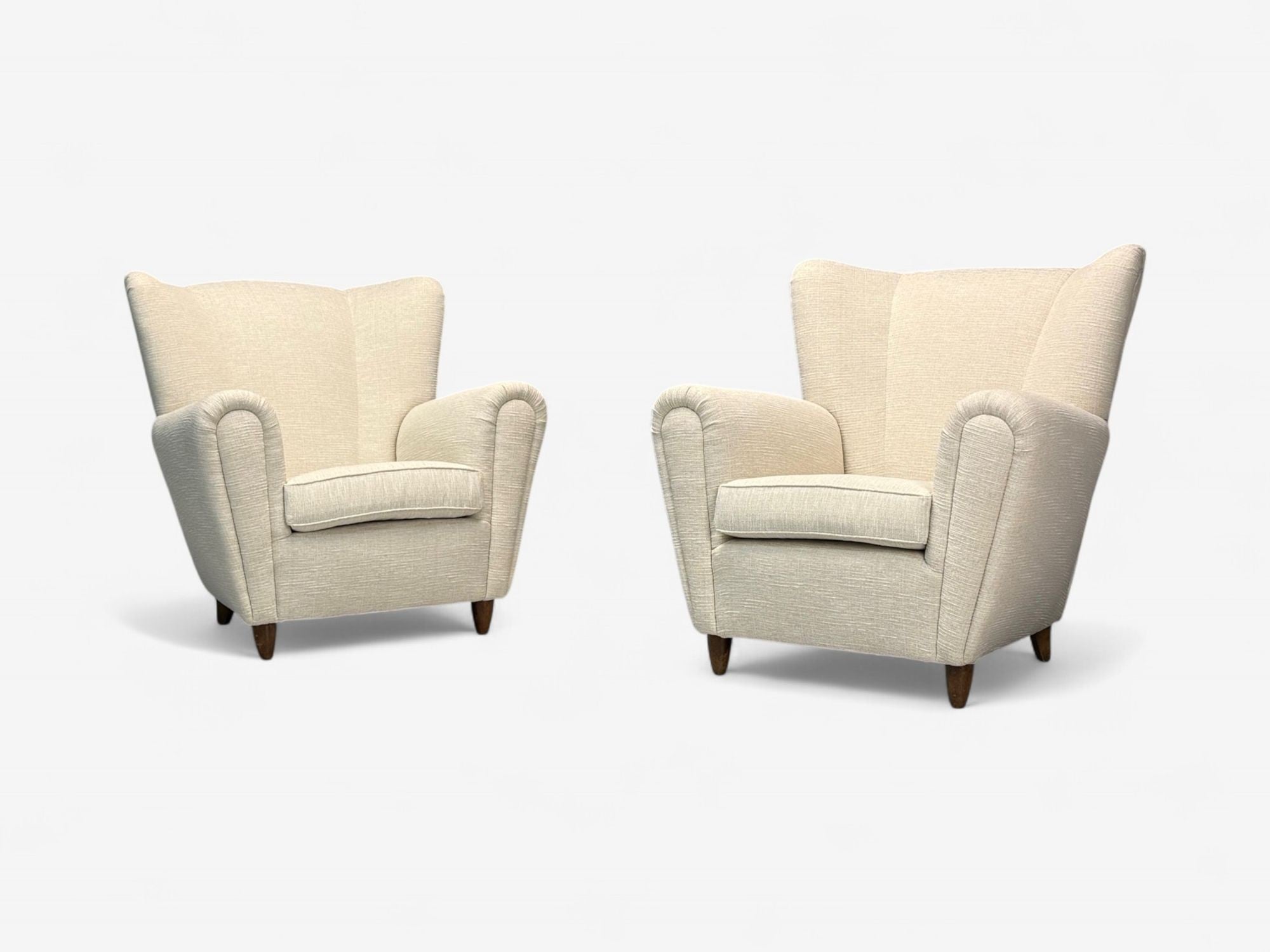 Italian Modern, Stained Wood, Beige Tweed Fabric, Club Chairs, Italy, 1940s