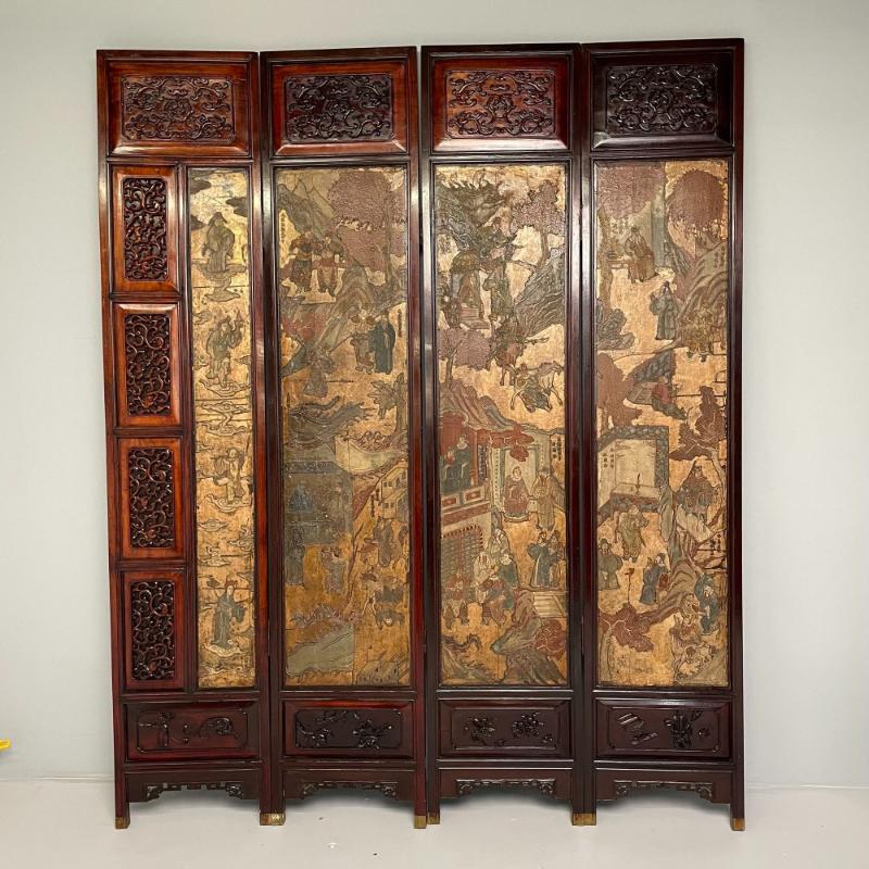 Chinese Coromandel Screen, 18th Century, Rosewood, Painted, Figural, Geese