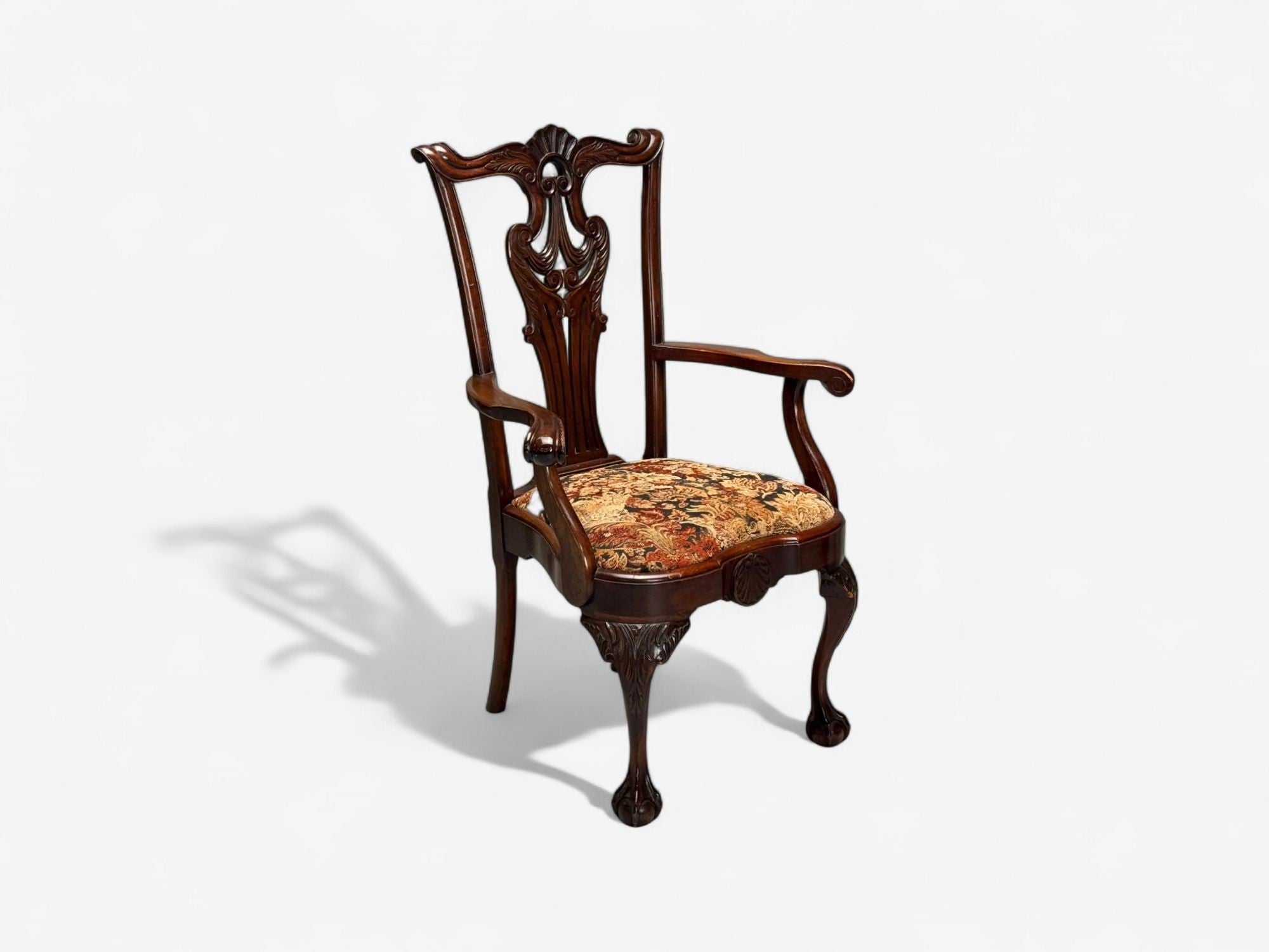 Georgian, Mahogany, Fabric, Six Chippendale Dining Chairs, England, 1960s