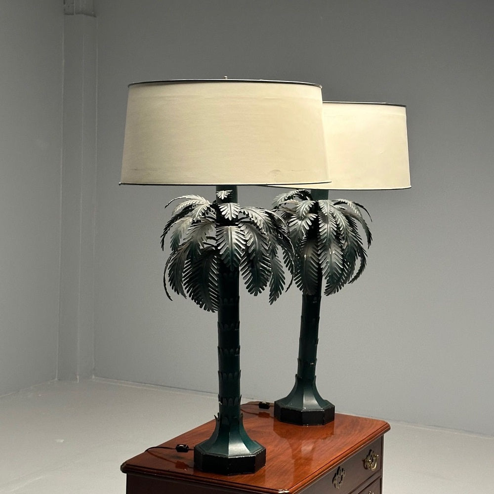 Large Pair of Mid-Century Modern Maison Jansen Style Palm Tree Lamps, Metal