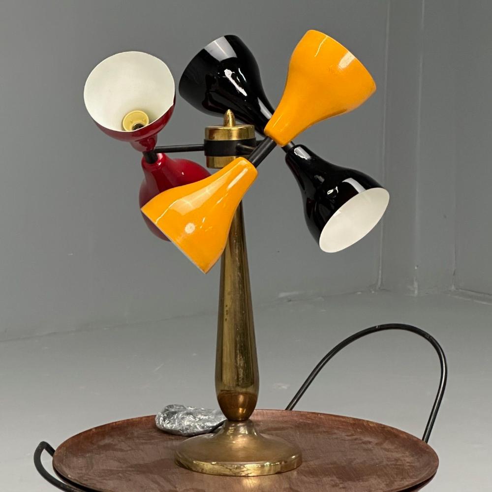 Italian Mid-Century Modern, Table Lamp, Enameled Shades, Patinated Brass, 1960s
