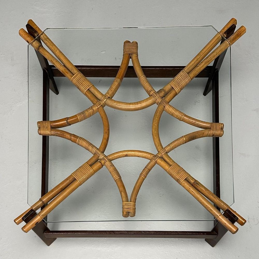 ISA, Italian Mid-Century Modern, Square Coffee Table, Wood, Bamboo, Cane, 1980s