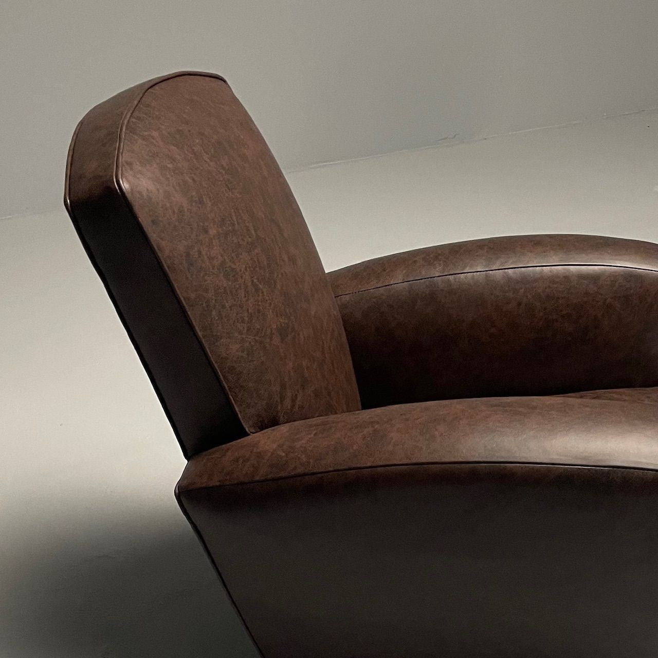 Jacques Adnet Style, French Art Deco Club Chairs, Distressed Leather, Oak, 1930s