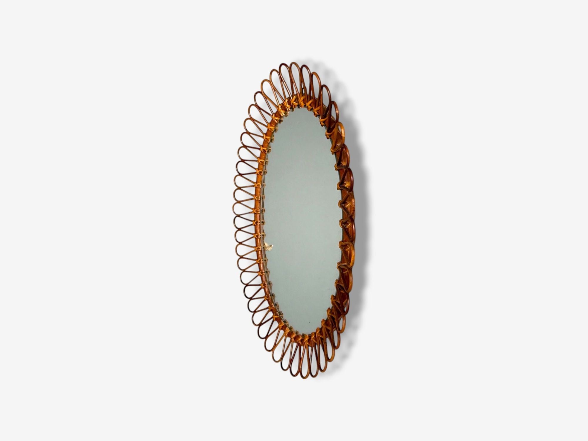 Italian Modern, Bamboo, Cane, Oval Wall Mirror, Italy, 1950s
