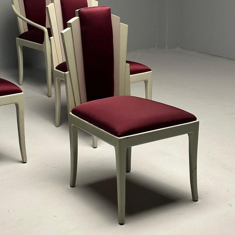 Vladimir Kagan Mid-Century Modern, Six Eva Dining Chairs, Lacquer, Maroon Fabric