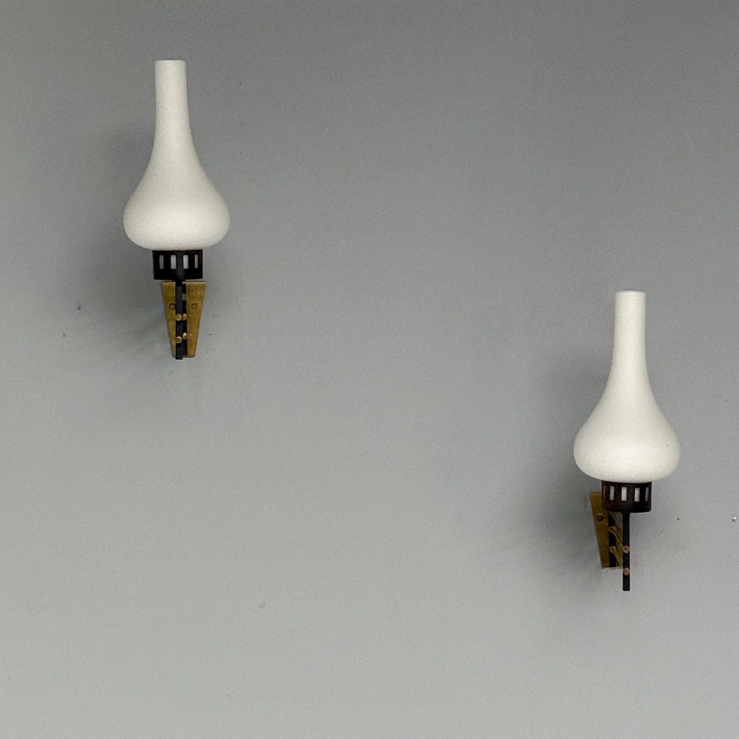 Italian Mid-Century Modern, Wall Sconces, Patinated Brass, Opaline Glass, 1950s