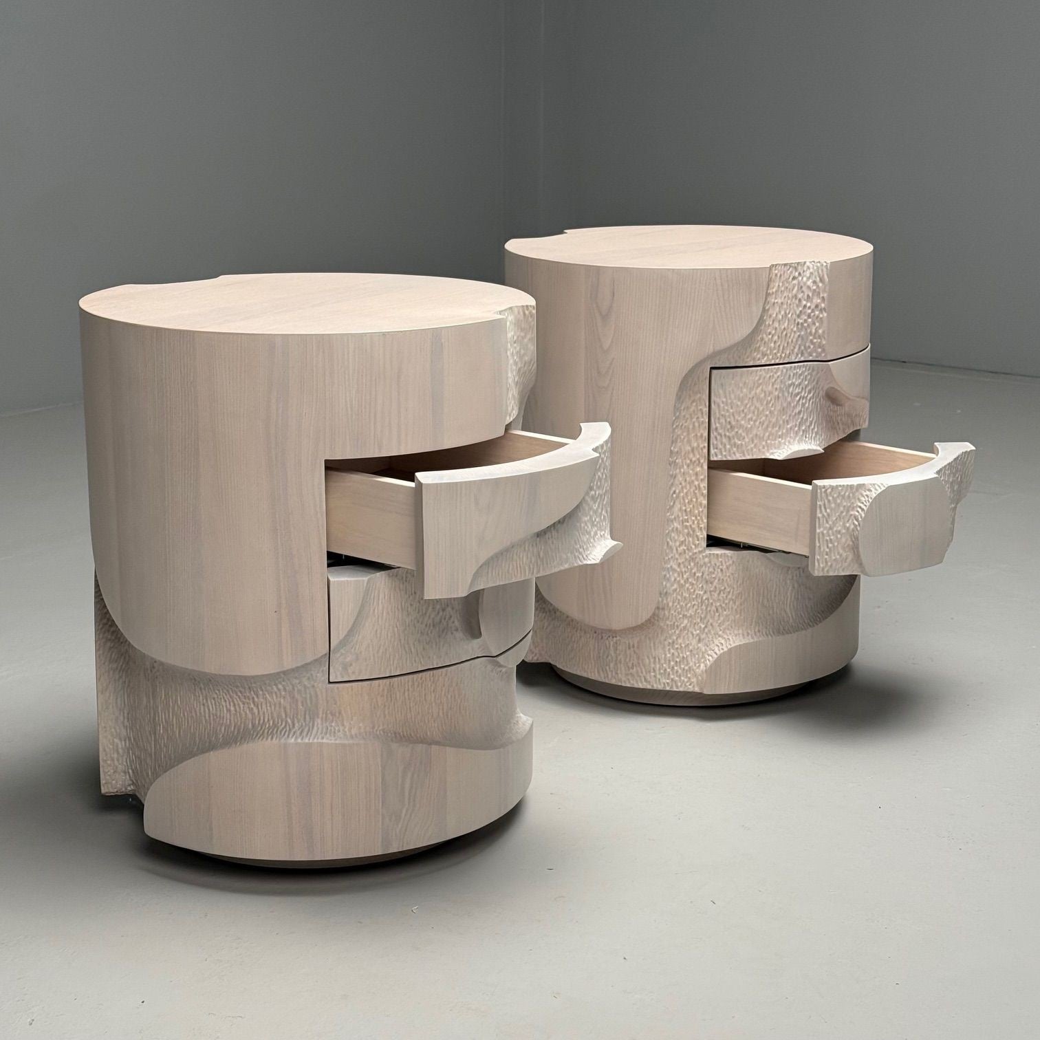 Contemporary, Organic Modern, Round Sculptural Nightstands, Bleached Ashwood