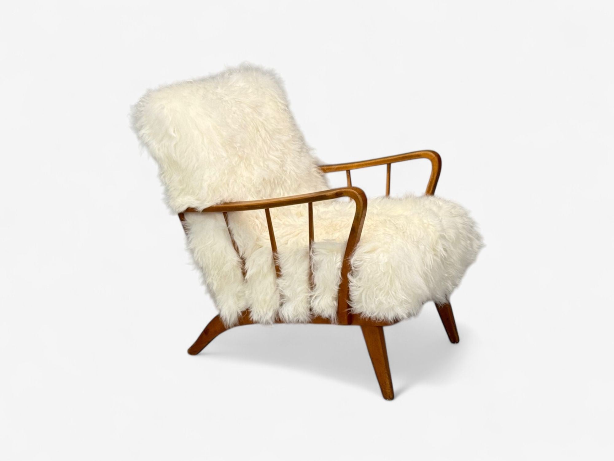 Danish Modern, Beech, Mongolian Fur, Lounge Chair, Denmark, 1950s