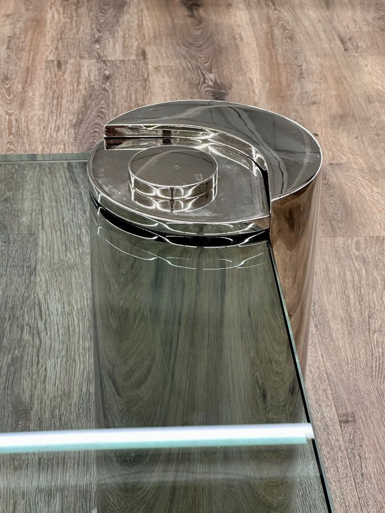 Mid-Century Modern Karl Springer Signed Chrome Coffee, Cocktail Table, Glass Top