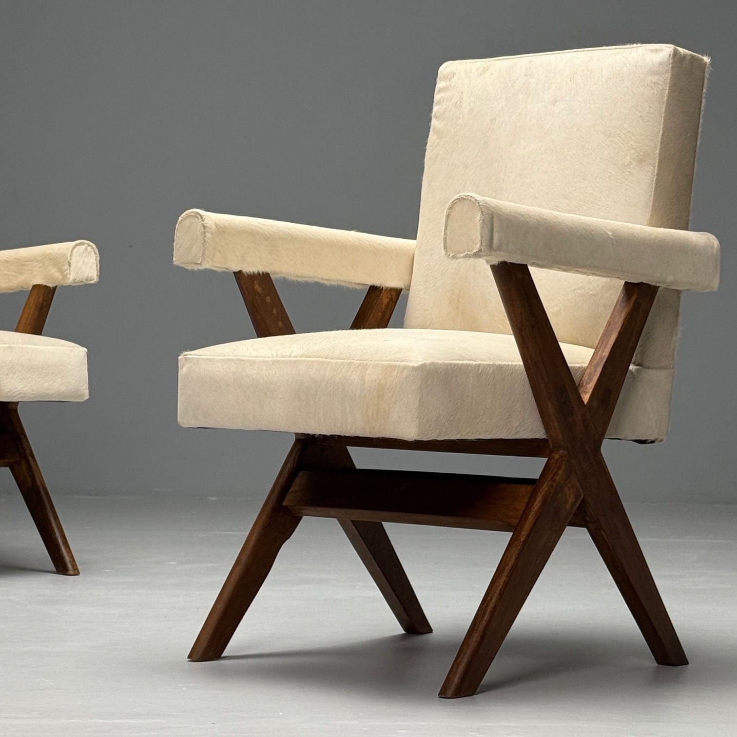 Pierre Jeanneret, French Mid-Century Modern, Upholstered Arm Chairs, Cowhide