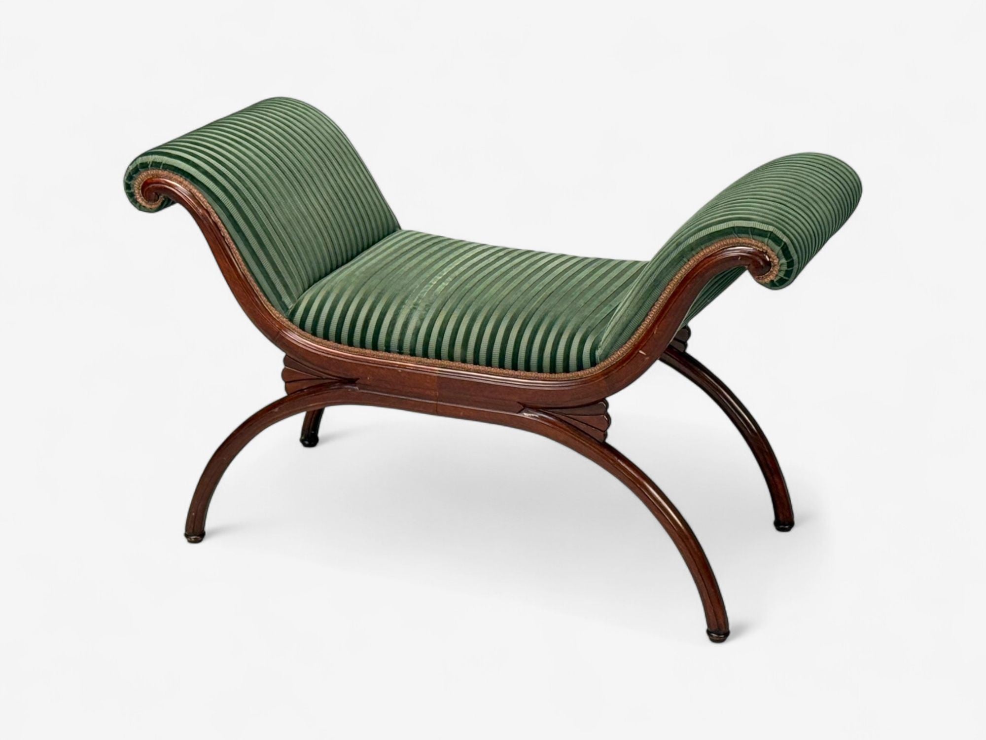 Hollywood Regency Style, Stained Wood, Green Fabric, Benches, USA, 1980s