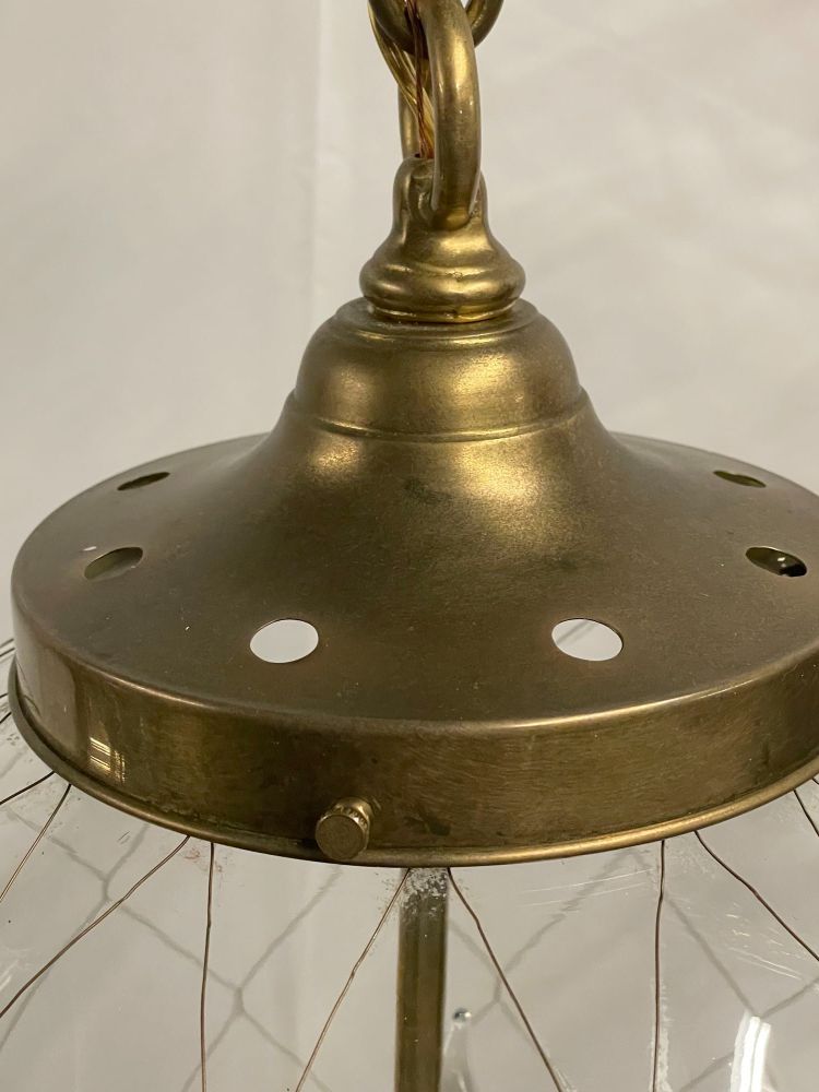 A Pair of Mid Century Modern Globe Pendants, Brass and Hand Blown Glass