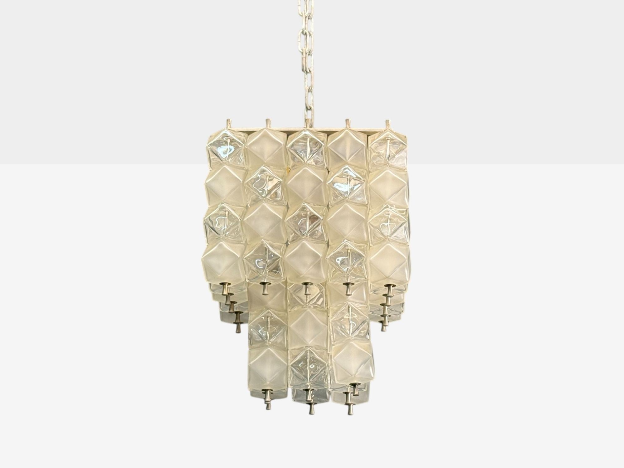 Venini Poliedri, Faceted Glass, Metal, Geometric Chandelier, Italy, 1950s