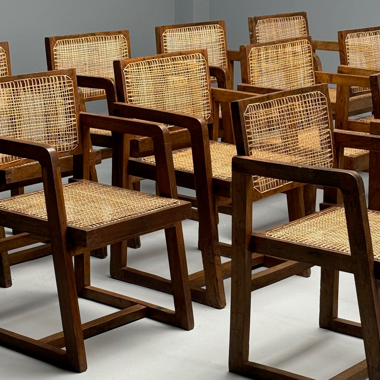 Pierre Jeanneret, French Mid-Century Modern, 12 Box Dining Chairs, Teak, Cane