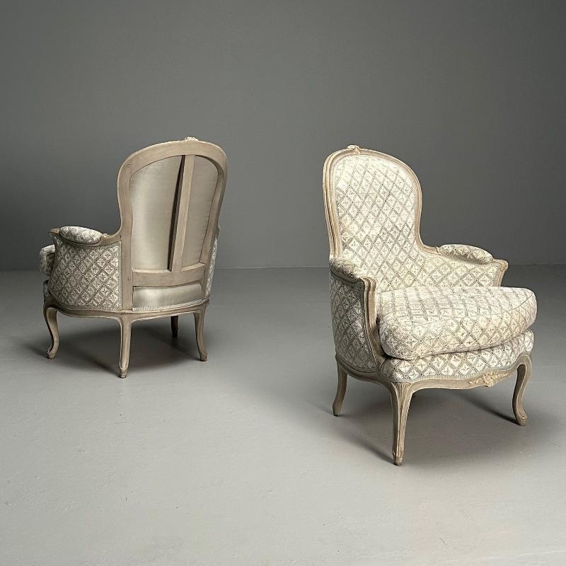 Louis XV Style, Bergère Chairs, Grey Painted Wood, Fabric, France, 1970s