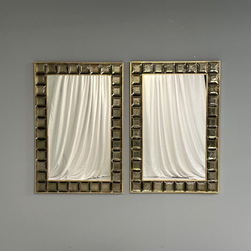 Contemporary, Wall Mirrors, Bronze Faceted Square Murano Glass, Italy, 21st C.