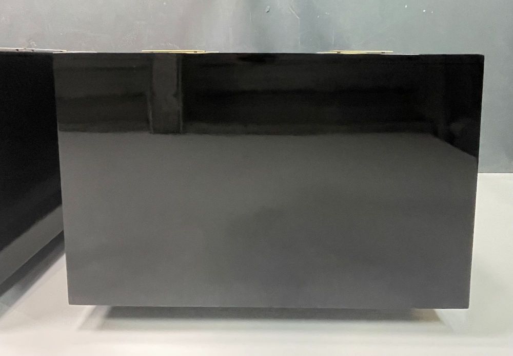 Pair of Mid Century Modern Ebony Lacquered Chests, Dressers, Brass, American