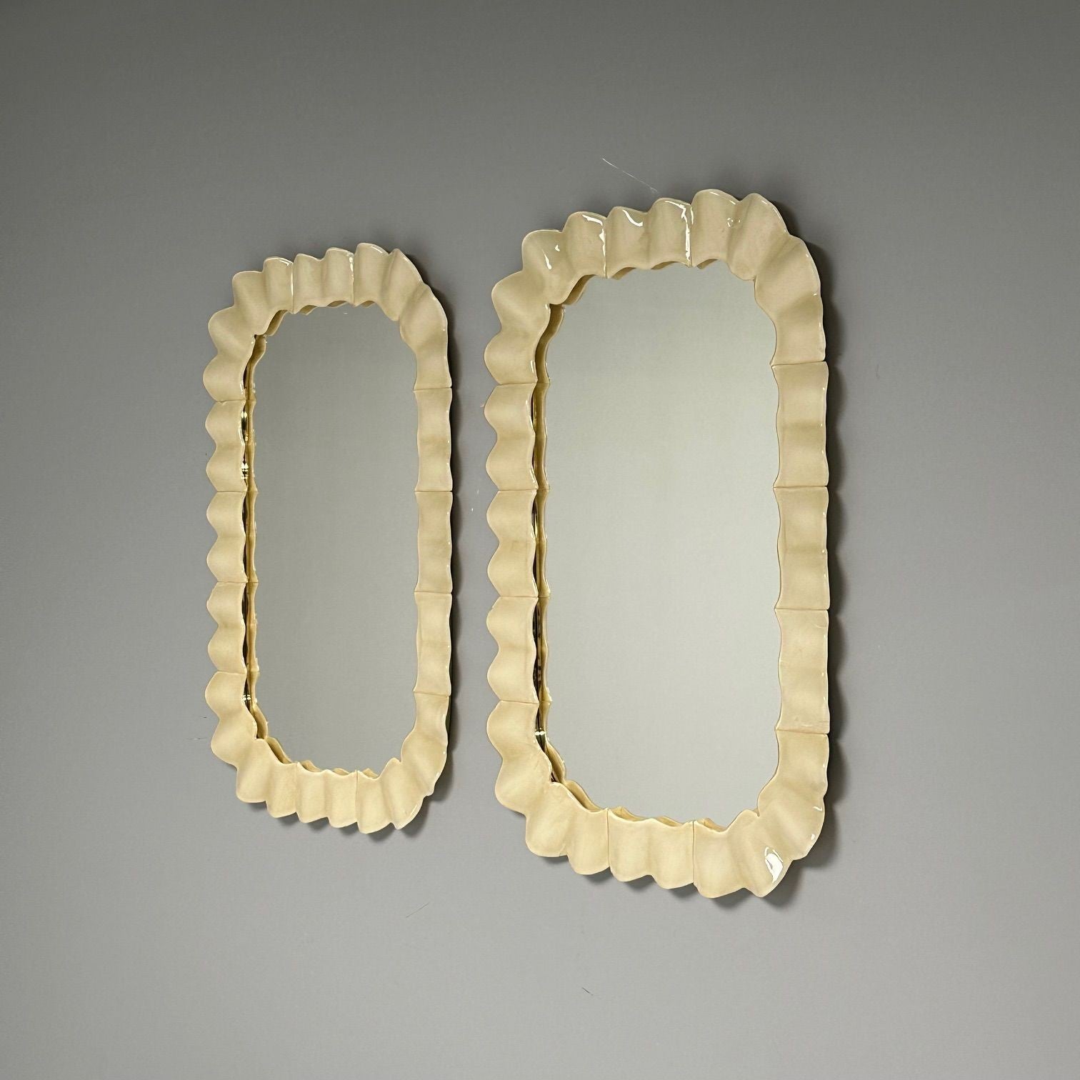 Modern Ruffle Wall Mirrors, White Murano Glass, Brass, Italy, 21st c.