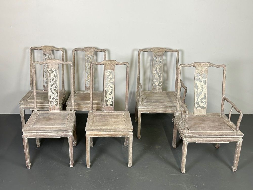 Set Six Chinese Chippendale Whitewashed Dining Chairs, Carved Dragons, Rosewood