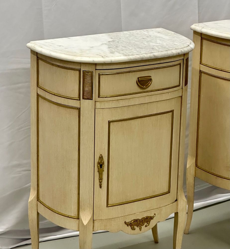 Pair of White Nightstand or End Tables / Side Tables, Marble Top Louis XV Style, Demi Lune