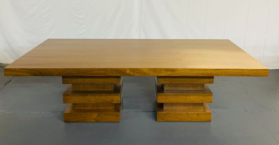 Modern Oak Double Pedestal Base Dining / Conference Table, Geometric Design