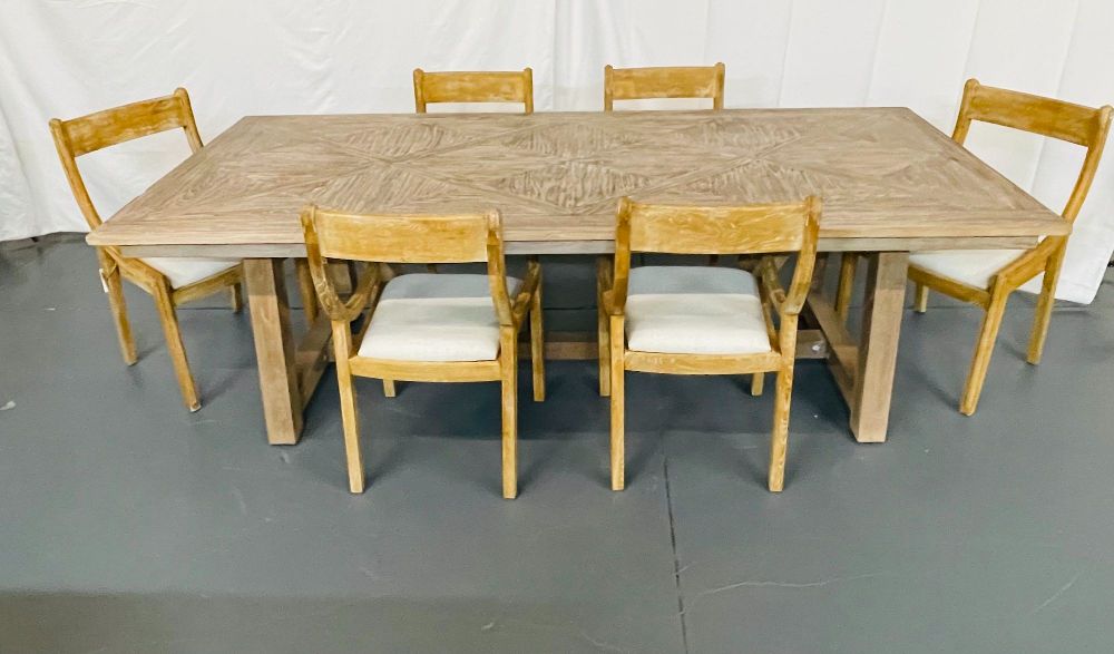 Set of 6 Farmhouse Modern Sleigh Back Dining / Side Chairs, Pickled Wood, Linen
