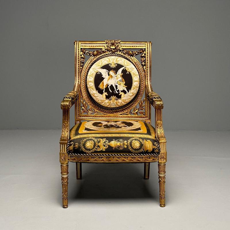 Louis XVI, French Arm Chair, Versace Fabric, Giltwood, France, 1960s