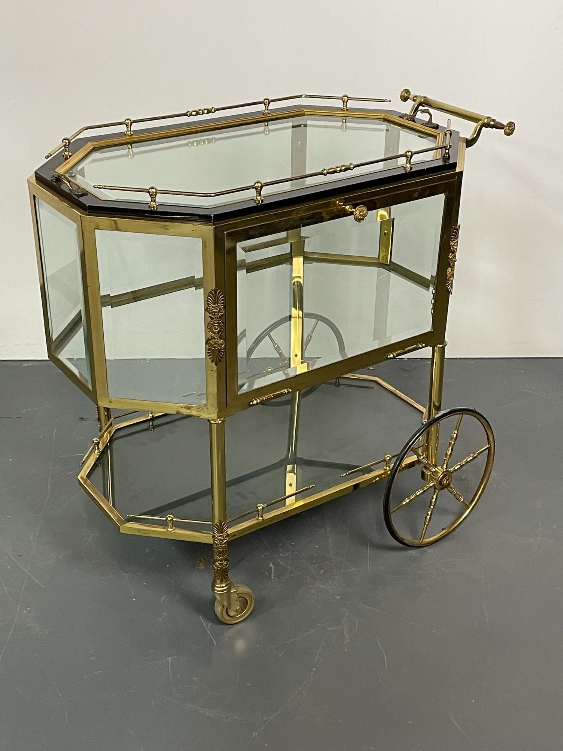 Hollywood Regency Beveled Glass, Bronze and Brass Tea Wagon or Serving Cart