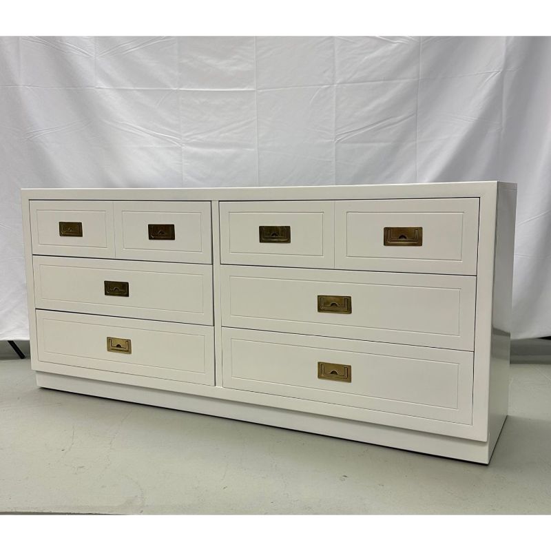 Mid-Century Modern White Campaign Dresser / Chest of Drawers, America, Brass