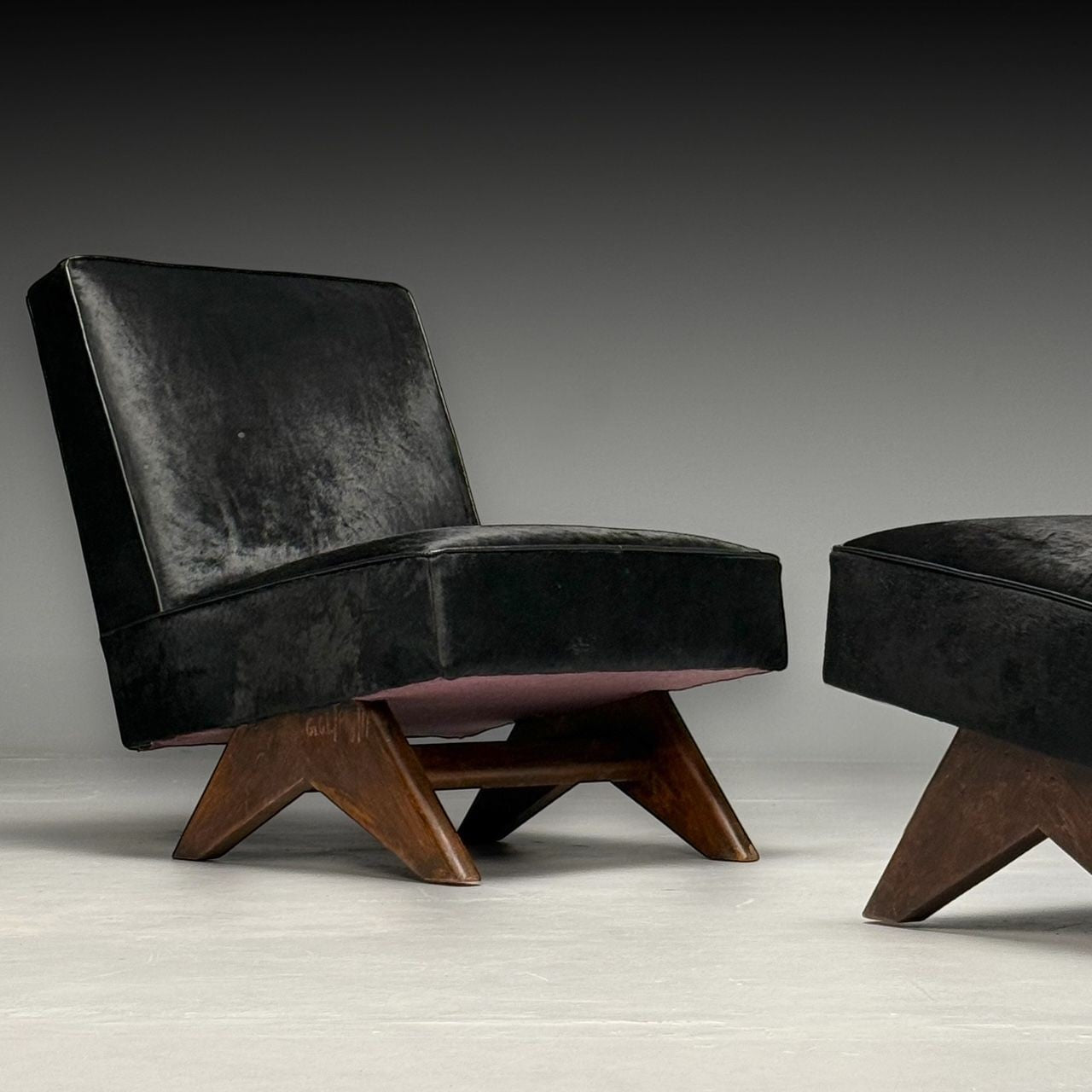 Pierre Jeanneret, French Mid-Century Modern, Slipper Chairs, Black Cowhide, Teak
