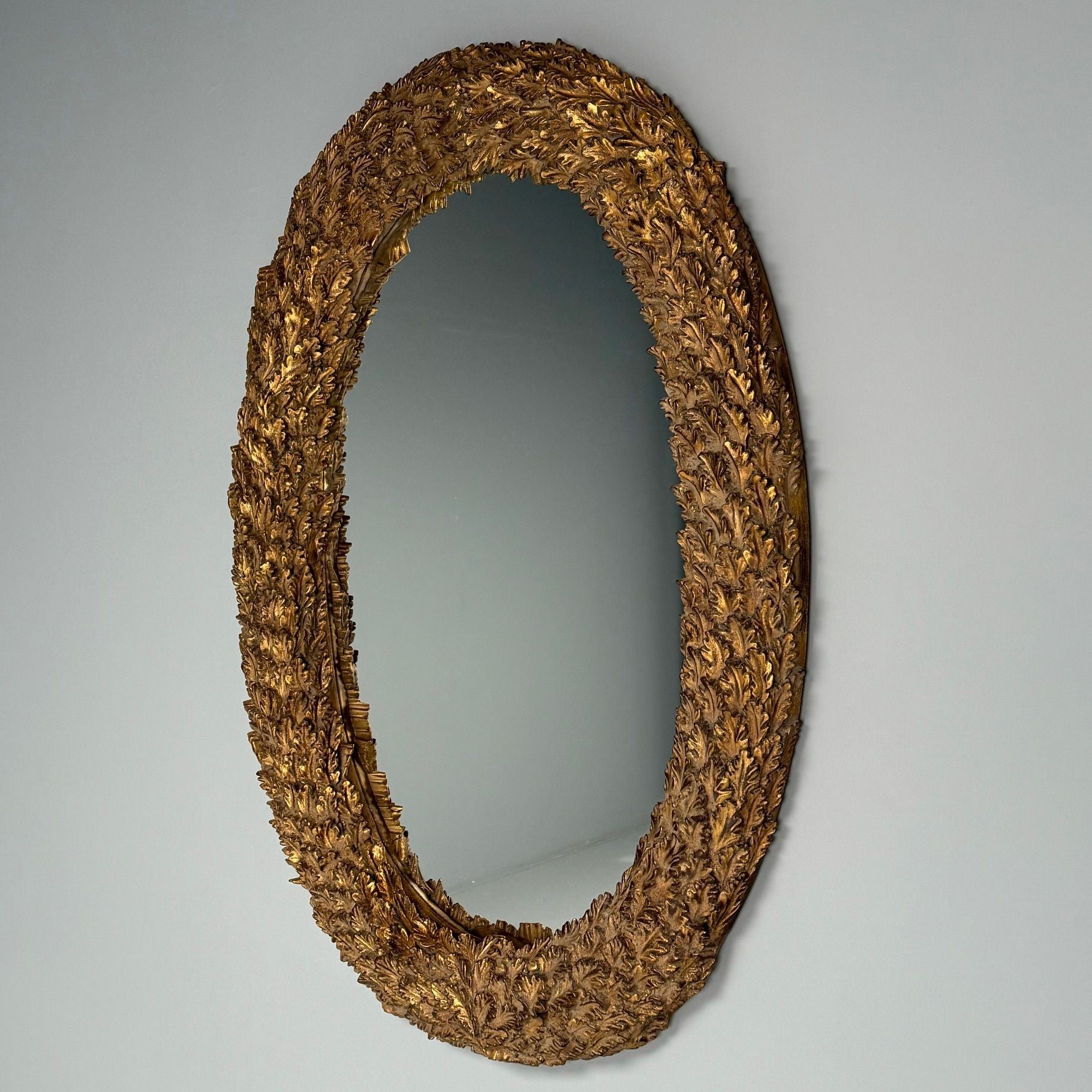 Hollywood Regency, Large Oval Wall Mirrors, Carved Giltwood, Leaf Motif, 21st C.
