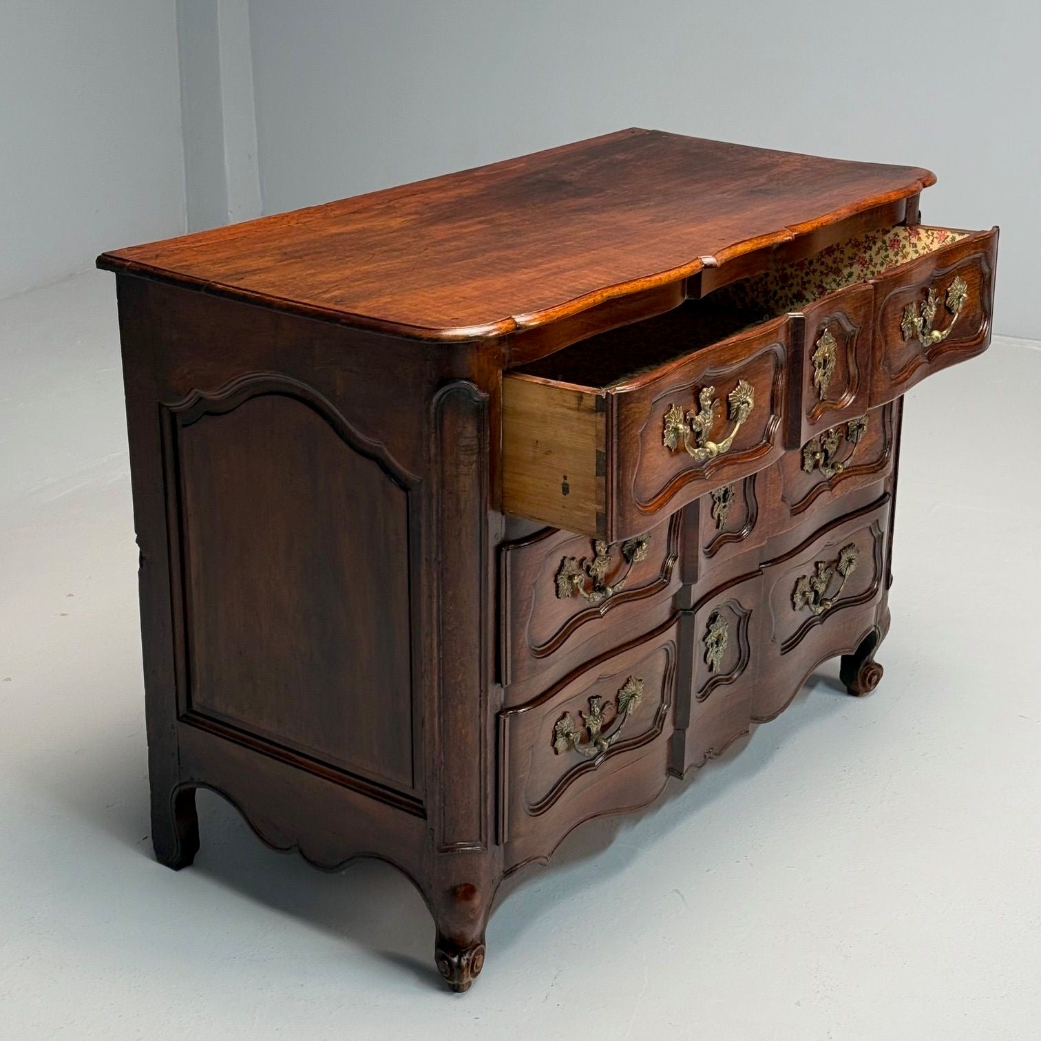 Baroque, French Louis XV, Provincial Cabinet, Walnut, Patinated Brass, 18th C.