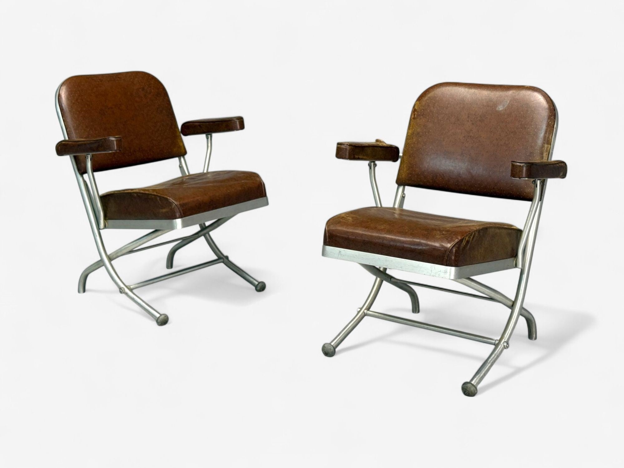 Warren McArthur, Brown Leather, Aluminum, Folding Chairs, USA c. 1935