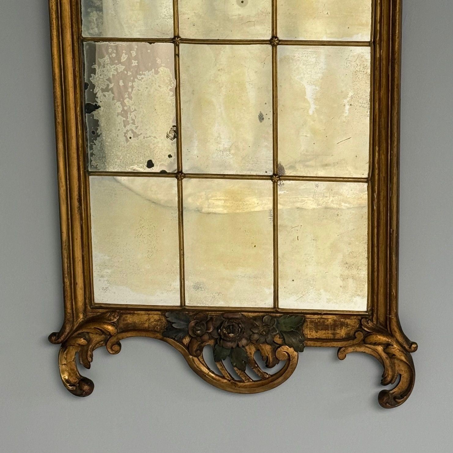 Louis XVI, Wall Mirrors, Giltwood, Antiqued Mirror, Fruitewood Motif 20th C.