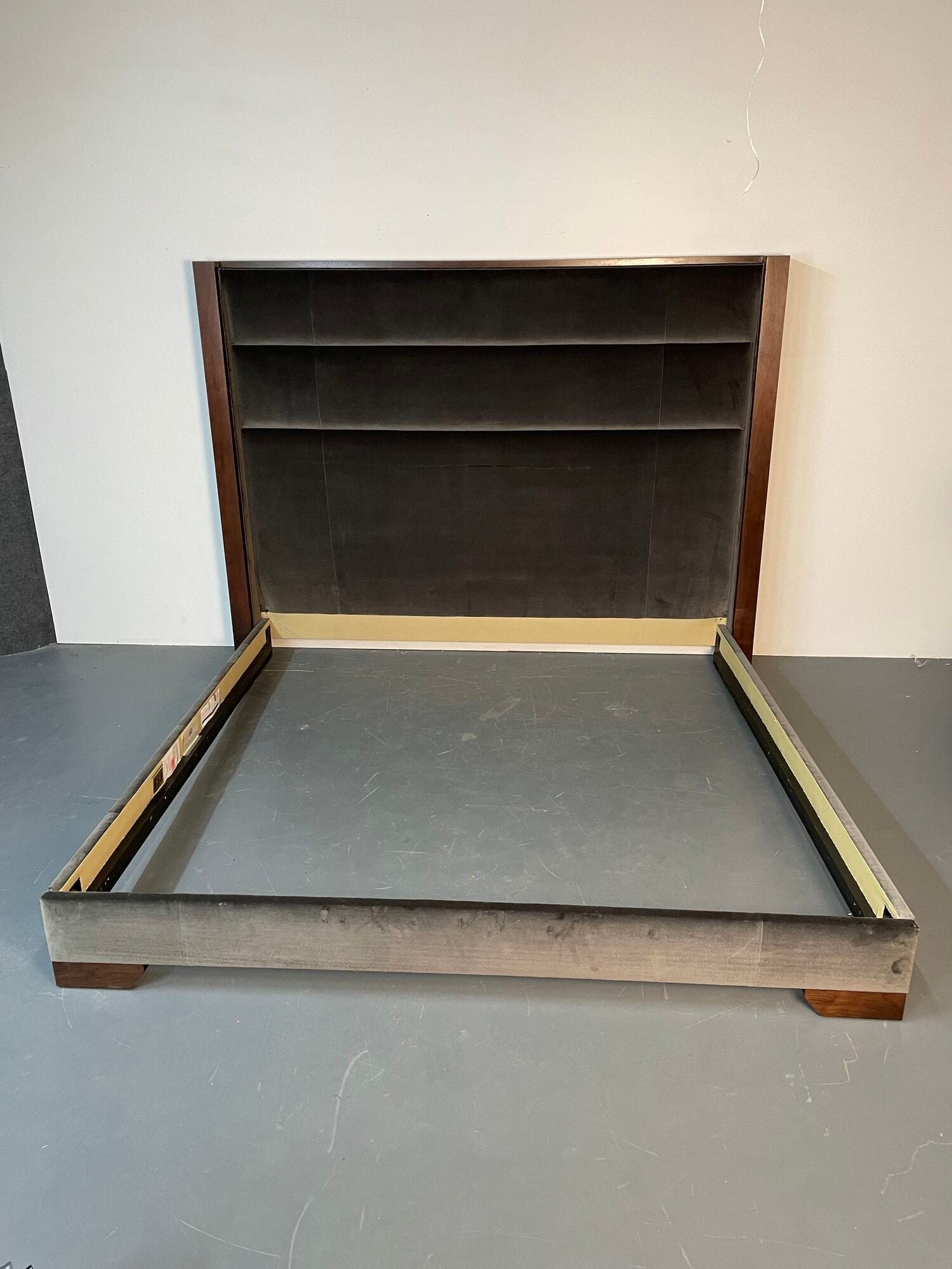 Thom Filicia, Modern King Size Bed Frame, Low Profile, Upholstery, Walnut