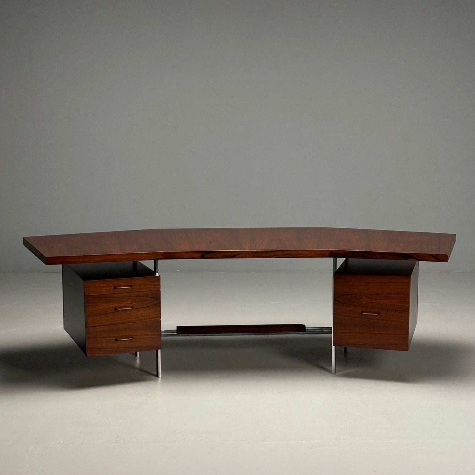 Italian Mid-Century Modern, Demilune Writing Desk, Rosewood, Steel, Italy, 1950s