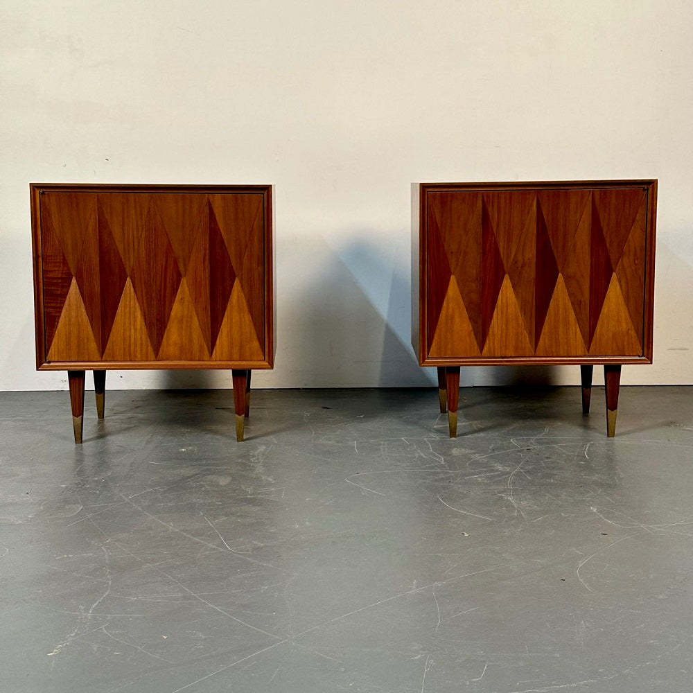 Pair of Danish Mid-Century Modern Style Geometric Nightstands, Walnut, Brass
