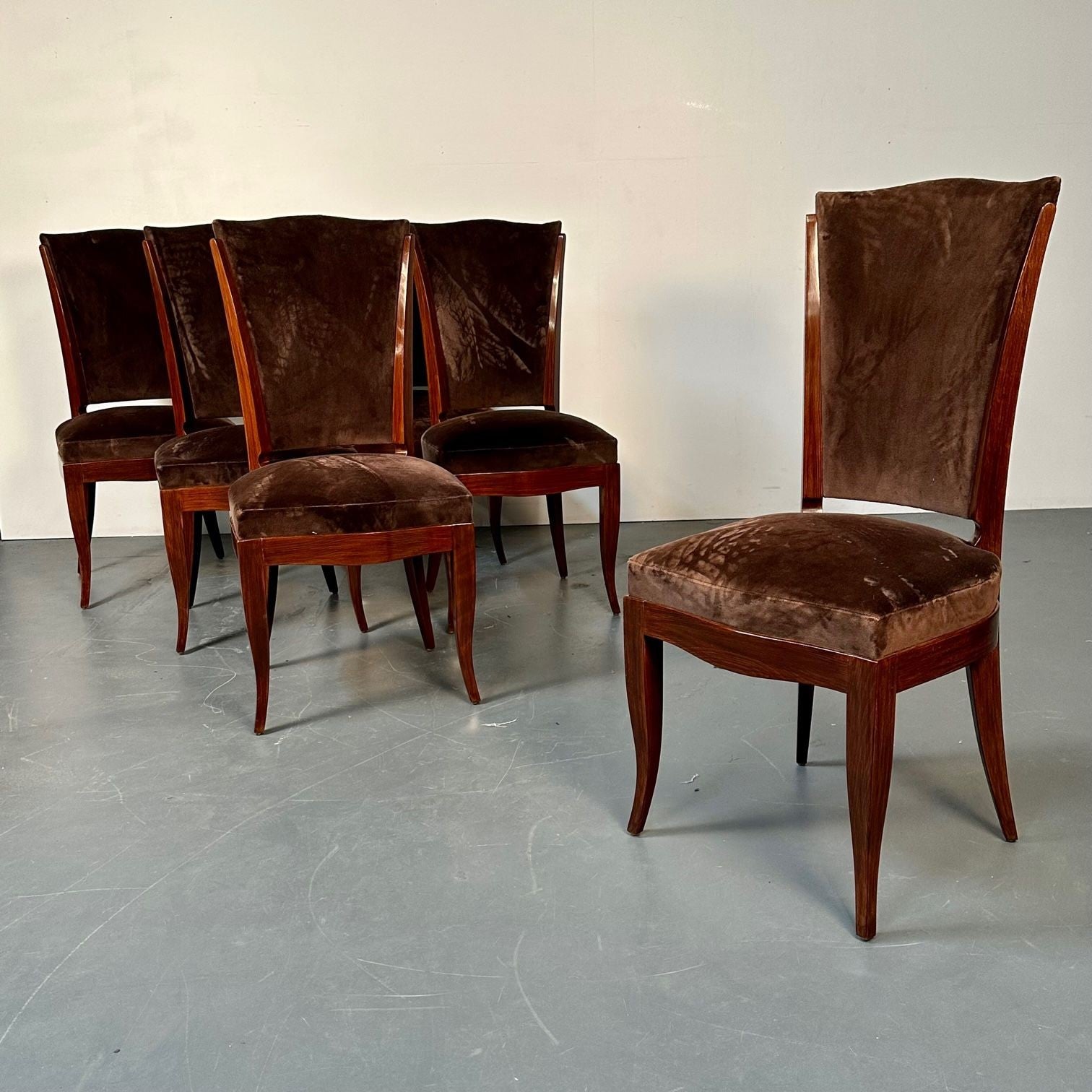 Six French Art Deco Walnut Dining / Side Chairs, Brown Velvet, Ruhlman Style