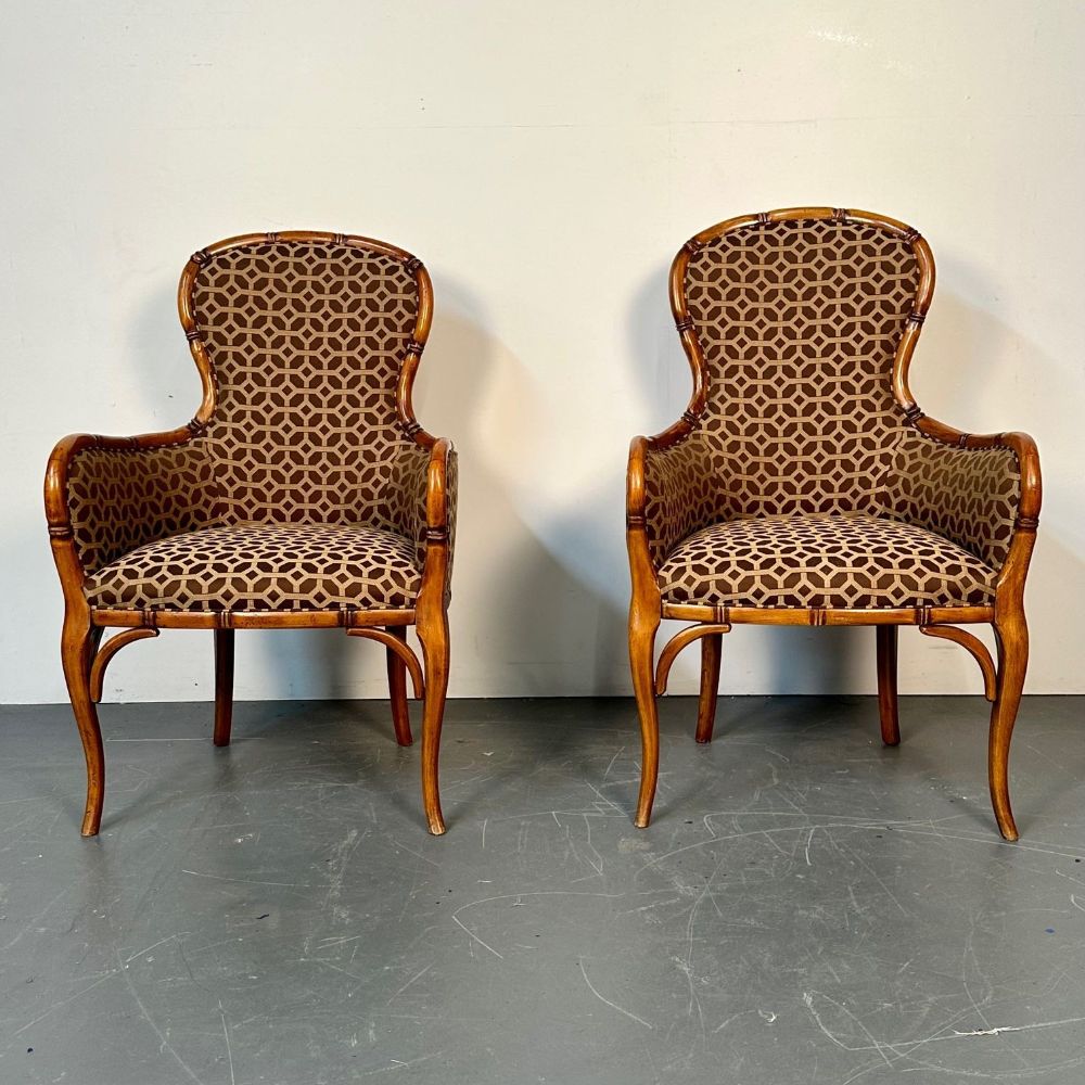 Pair of Fruitwood French Bamboo Carved Arm / Club / Accent Chairs, Kravet Fabric