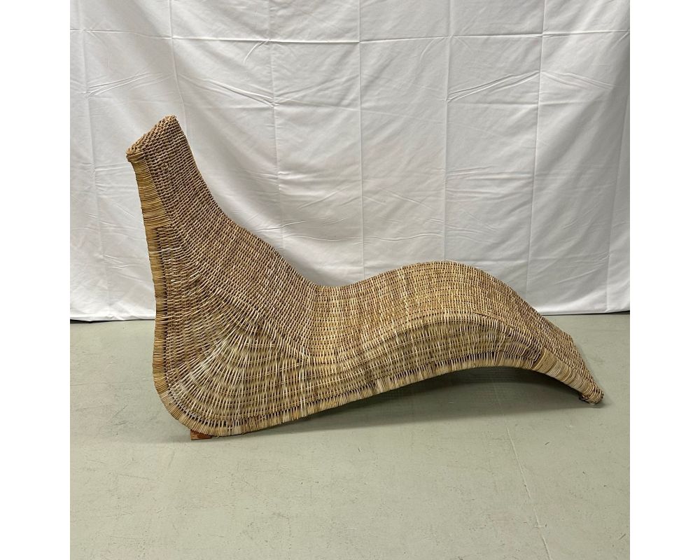 Pair Bohemian Mid-Century Modern Karlskrona Rattan Wicker Chaise Lounge Chairs