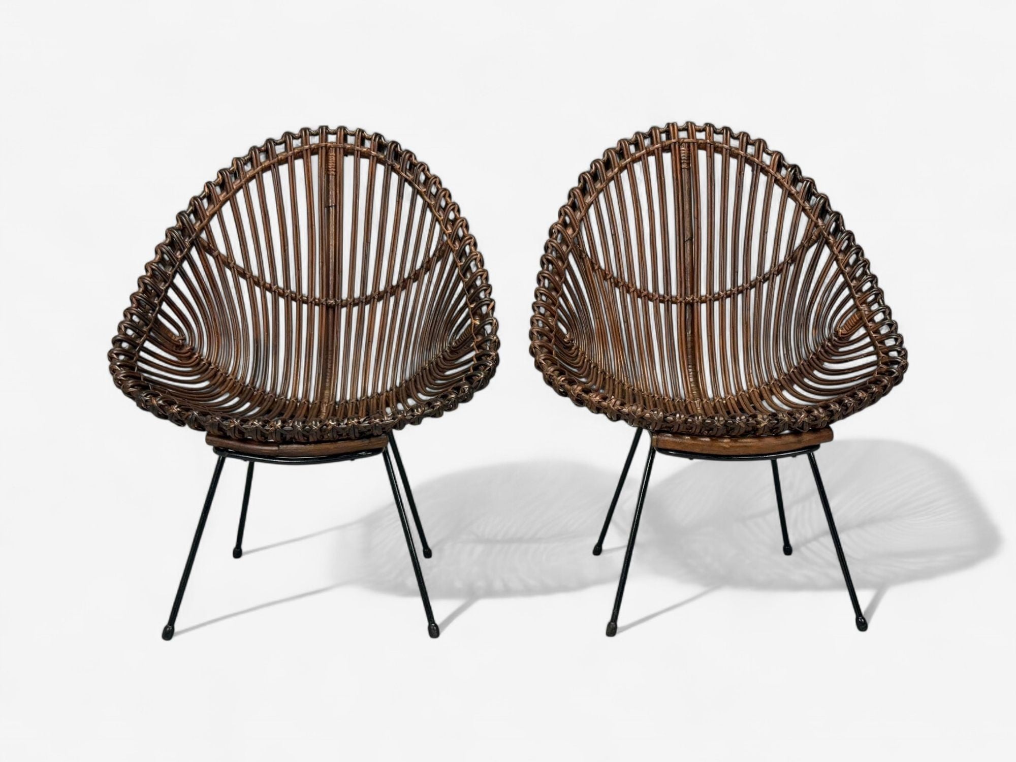 Italian Modern, Metal, Bamboo, Rattan, Lounge Chairs, Italy, 1950s