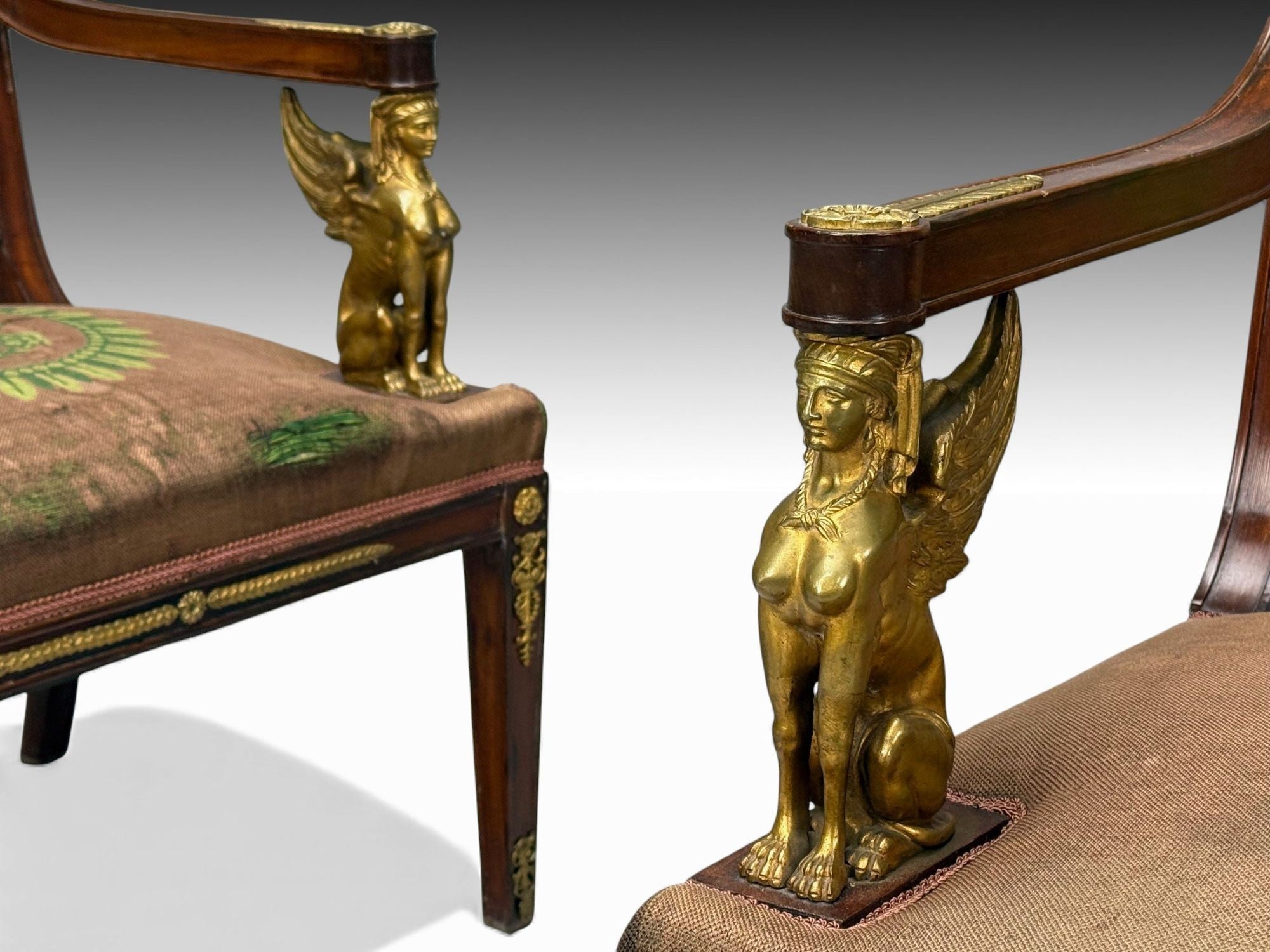 French Empire Revival, Bronze, Mahogany, Tapestry, Armchairs, France, 19th c.