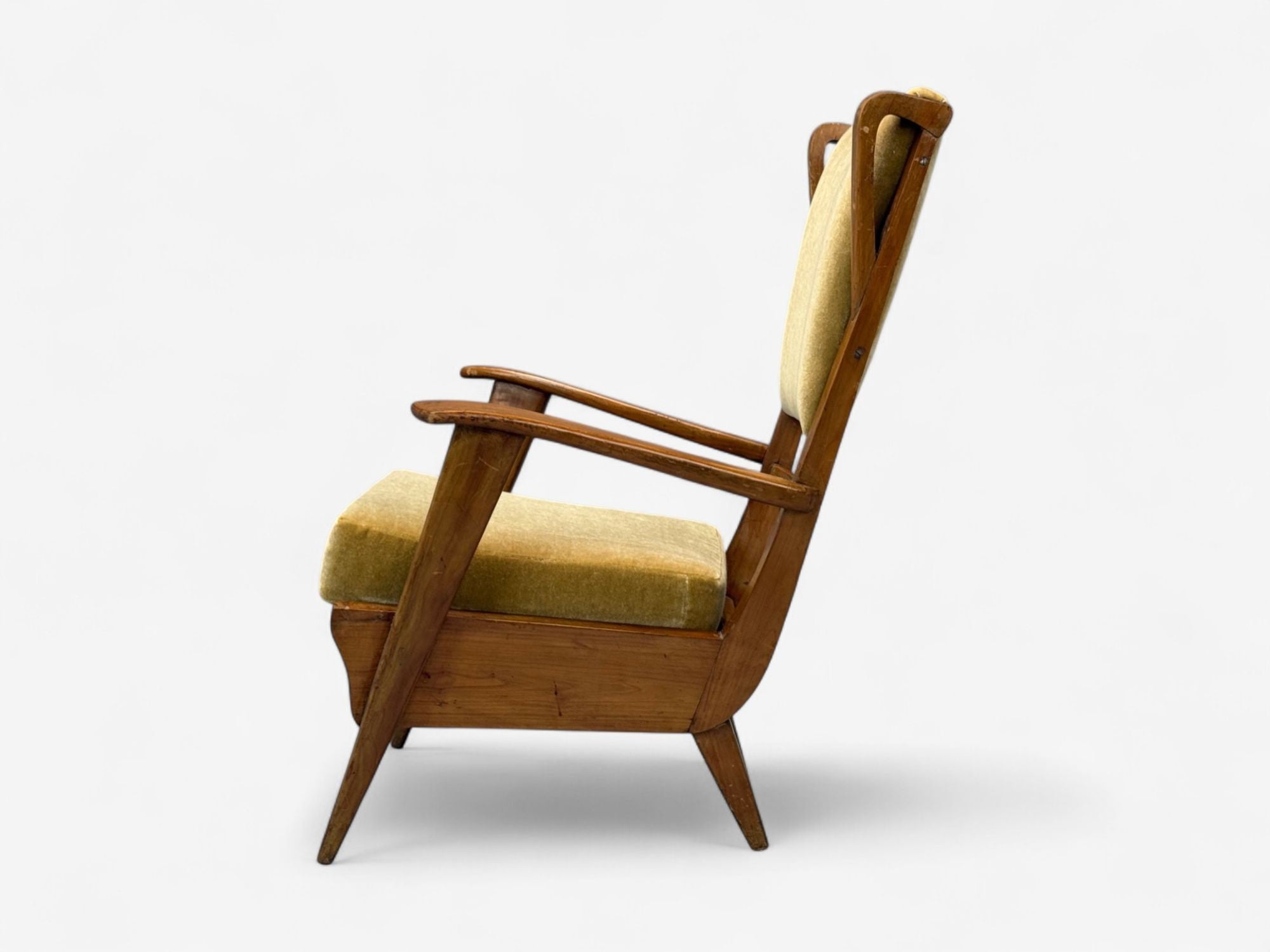 Italian Modern, Stained Wood, Camel Mohair, Lounge Chair, Italy, 1950s