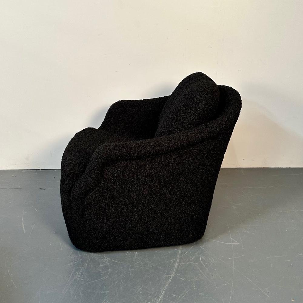 Mid-Century Modern Black Boucle Tub / Swivel / Lounge Chair, Faux Fur