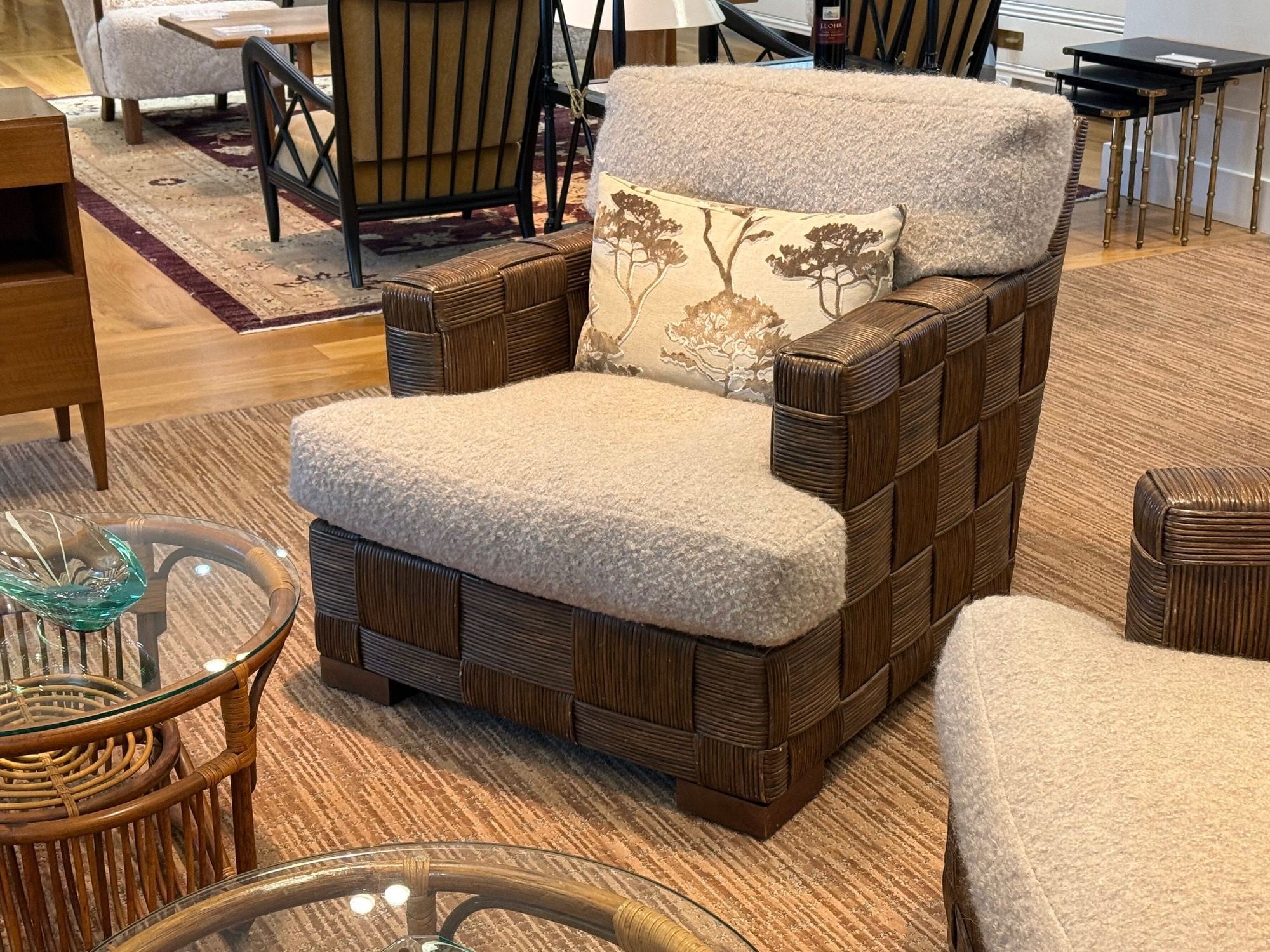 John Hutton, Woven Cane, Mahogany, Oversized Lounge Chairs, USA, 1990s