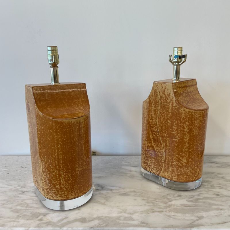 Pair Mid Century Modern Table Lamps, Goatskin and Lucite, Manner Karl Springer
