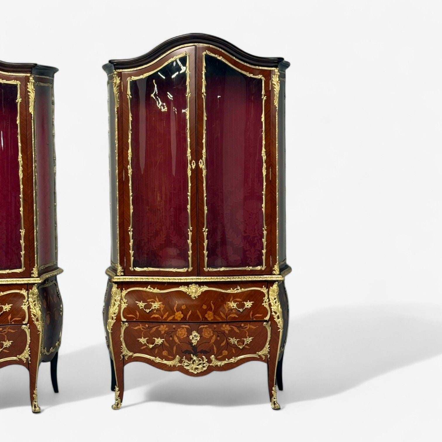 Louis XV Style, Bombe Vitrines, Ormolu Bronze, Inlaid Marquetry, France, 19th