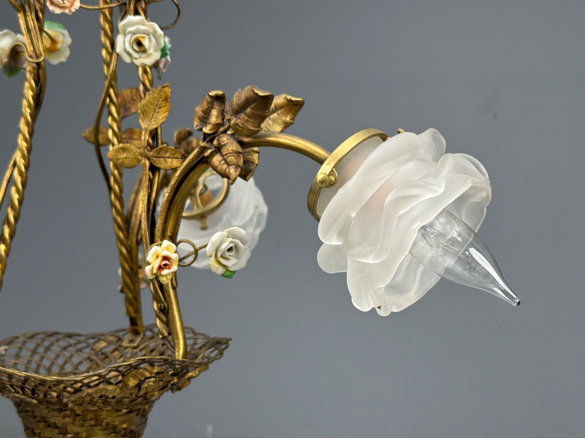 Belle Epoque Style, Basket Chandelier, Bronze, Porcelain, 1940s