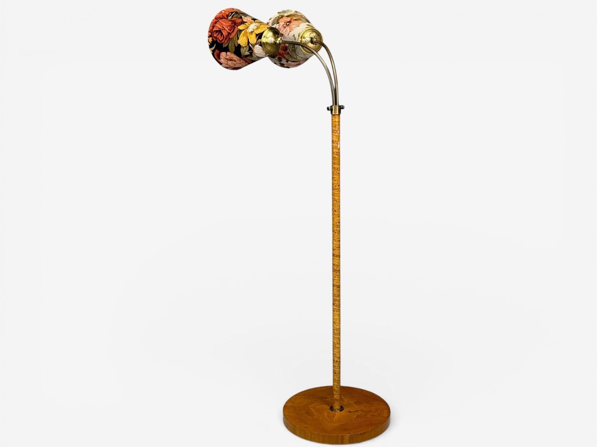 Corona Belysning, Floor Lamp, Wood, Brass, Fabric, Sweden, 1940s